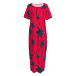 Black Red Palm Tree Pattern Print Short Sleeve Long Nightdress