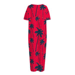 Black Red Palm Tree Pattern Print Short Sleeve Long Nightdress