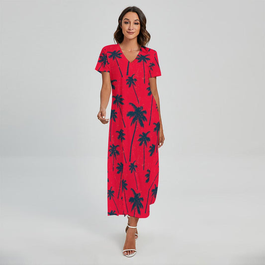 Black Red Palm Tree Pattern Print Short Sleeve Maxi Dress