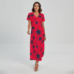 Black Red Palm Tree Pattern Print Short Sleeve Maxi Dress