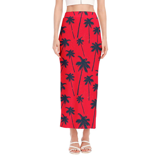 Black Red Palm Tree Pattern Print Side Slit Maxi Skirt