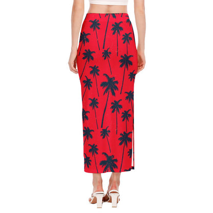 Black Red Palm Tree Pattern Print Side Slit Maxi Skirt