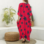Black Red Palm Tree Pattern Print Silk V-Neck Kaftan Dress