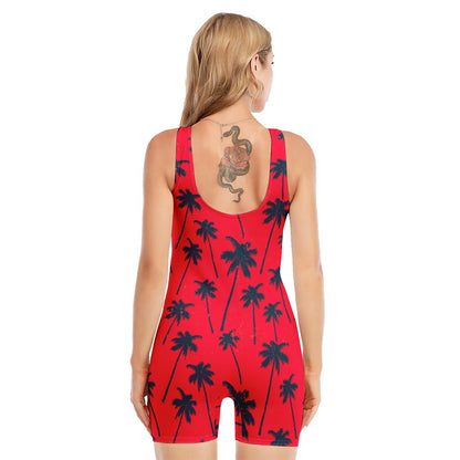 Black Red Palm Tree Pattern Print Sleeveless One Piece Swimsuit
