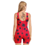 Black Red Palm Tree Pattern Print Sleeveless One Piece Swimsuit