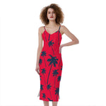 Black Red Palm Tree Pattern Print Slim Fit Midi Cami Dress