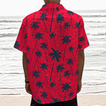 Black Red Palm Tree Pattern Print Textured Short Sleeve Shirt