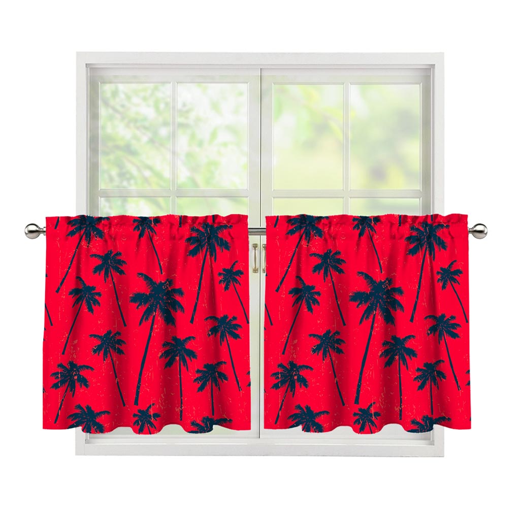 Black Red Palm Tree Pattern Print Tier Curtains