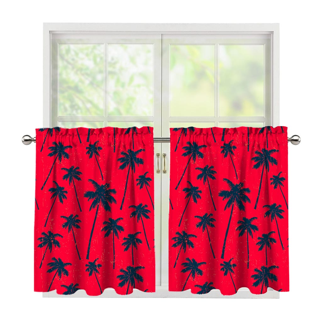 Black Red Palm Tree Pattern Print Tier Curtains