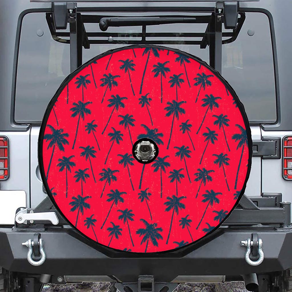 Black Red Palm Tree Pattern Print Tire Cover With Camera Hole