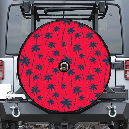 Black Red Palm Tree Pattern Print Tire Cover With Camera Hole
