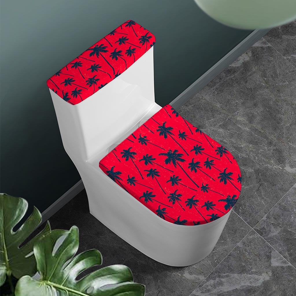 Black Red Palm Tree Pattern Print Toilet Lid And Tank Cover Set