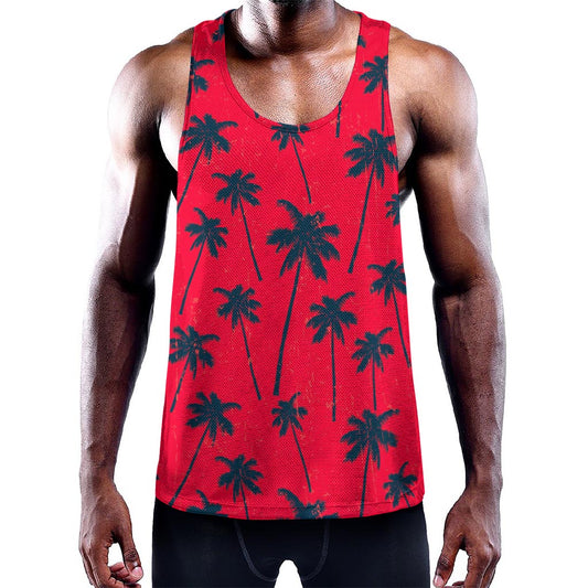 Black Red Palm Tree Pattern Print Training Tank Top