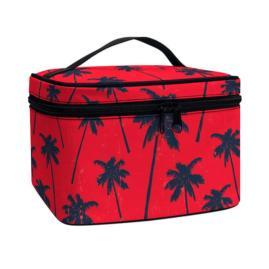 Black Red Palm Tree Pattern Print Travel Makeup Bag