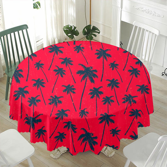 Black Red Palm Tree Pattern Print Waterproof Round Tablecloth