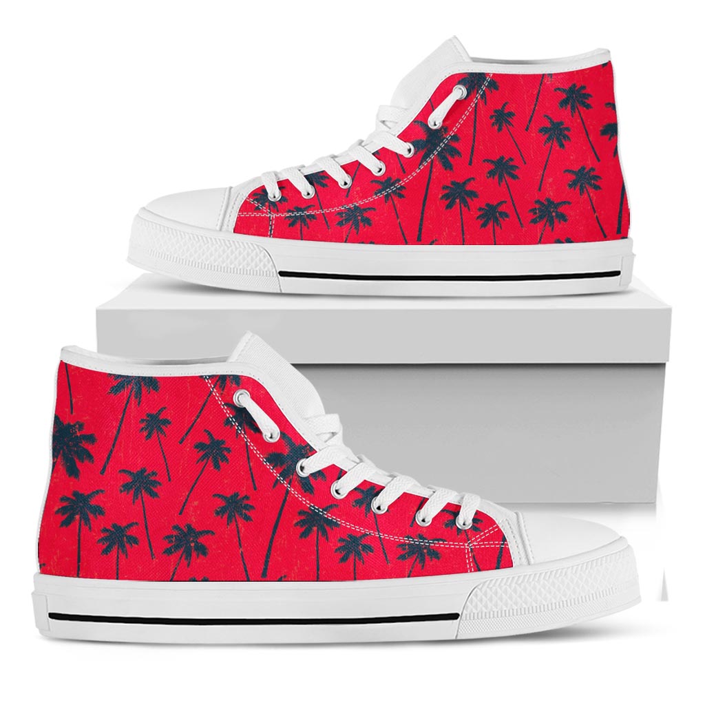 Black Red Palm Tree Pattern Print White High Top Sneakers