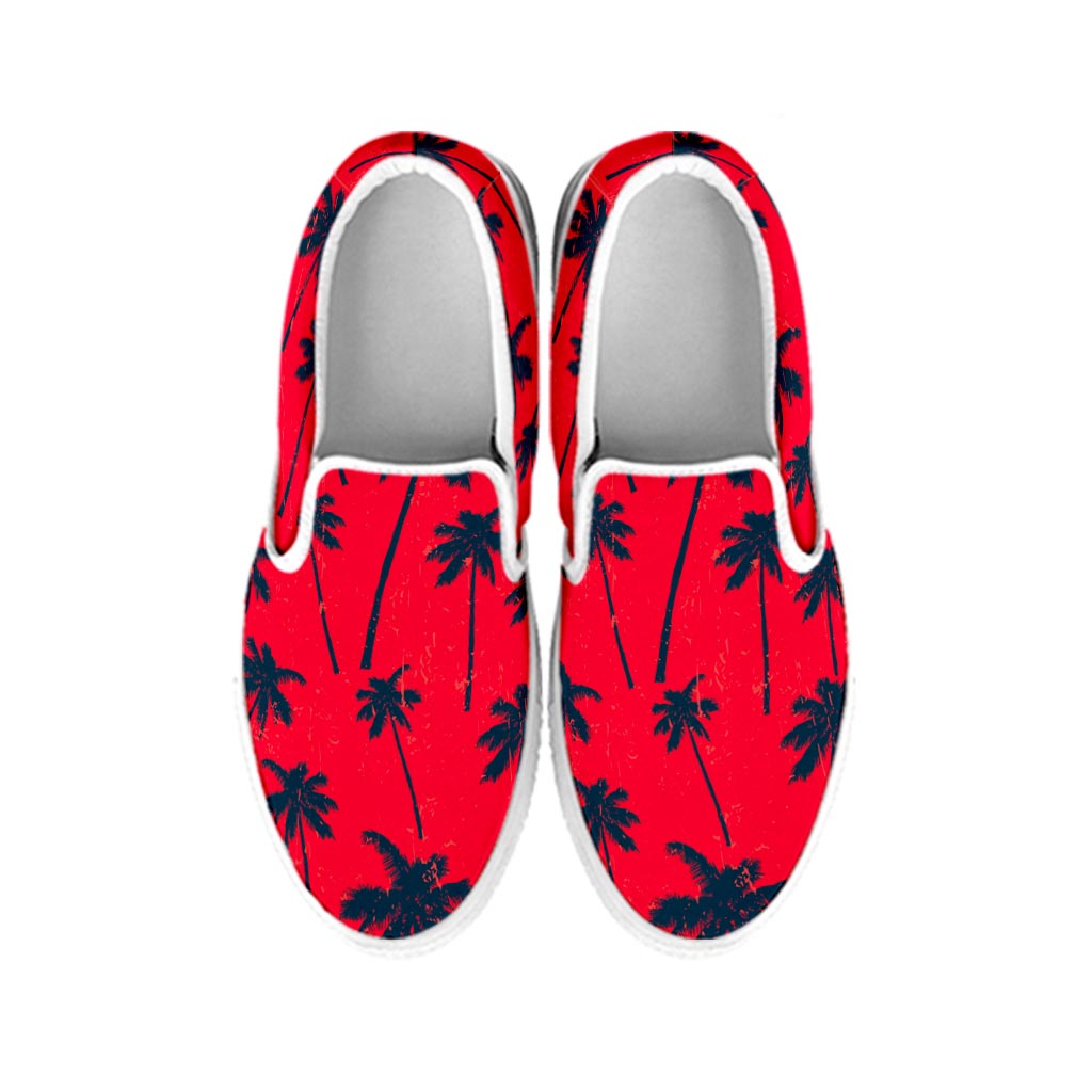 Black Red Palm Tree Pattern Print White Slip On Sneakers