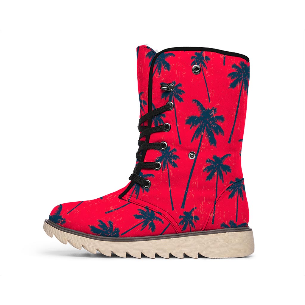 Black Red Palm Tree Pattern Print Winter Boots