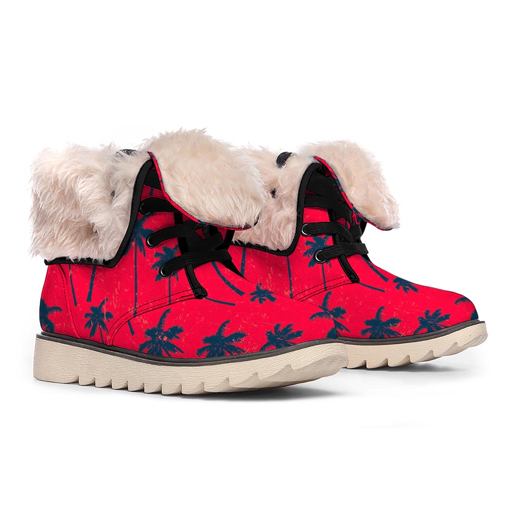 Black Red Palm Tree Pattern Print Winter Boots