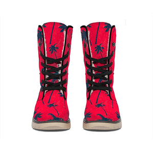 Black Red Palm Tree Pattern Print Winter Boots