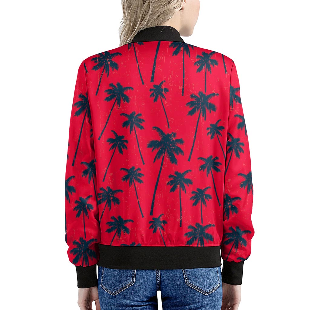 Black Red Palm Tree Pattern Print Women's Bomber Jacket