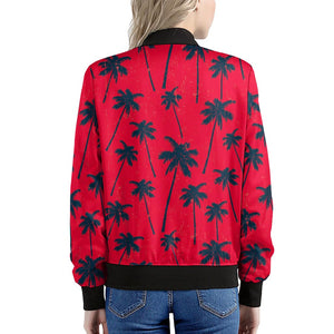 Black Red Palm Tree Pattern Print Women's Bomber Jacket