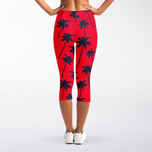Black Red Palm Tree Pattern Print Women's Capri Leggings