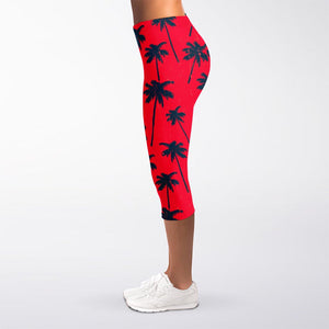 Black Red Palm Tree Pattern Print Women's Capri Leggings