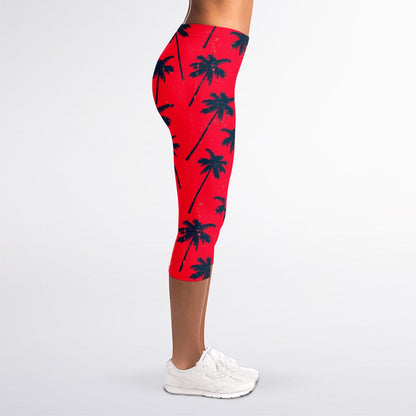Black Red Palm Tree Pattern Print Women's Capri Leggings