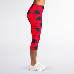 Black Red Palm Tree Pattern Print Women's Capri Leggings