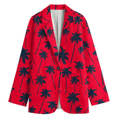 Black Red Palm Tree Pattern Print Women's Cotton Blazer