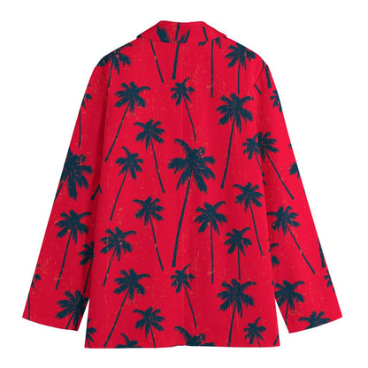 Black Red Palm Tree Pattern Print Women's Cotton Blazer