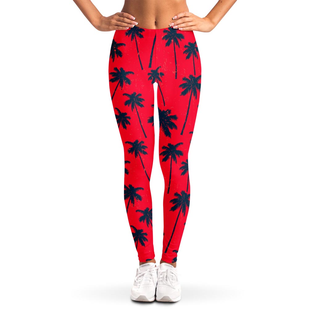 Black Red Palm Tree Pattern Print Women's Leggings