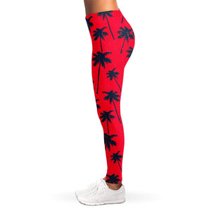 Black Red Palm Tree Pattern Print Women's Leggings