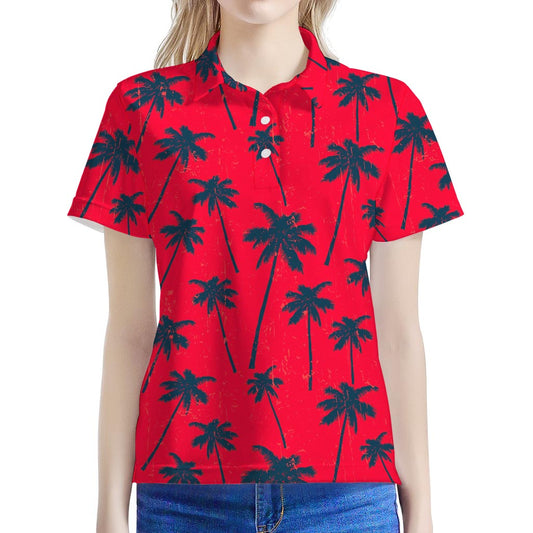 Black Red Palm Tree Pattern Print Women's Polo Shirt