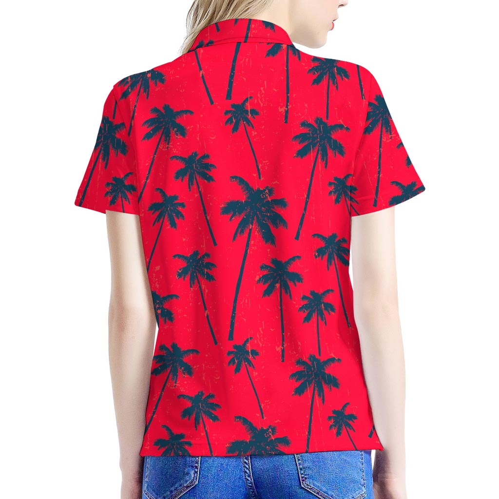Black Red Palm Tree Pattern Print Women's Polo Shirt