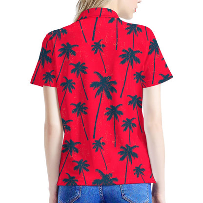 Black Red Palm Tree Pattern Print Women's Polo Shirt