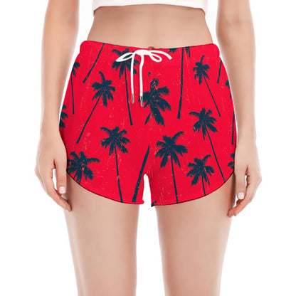 Black Red Palm Tree Pattern Print Women's Split Running Shorts