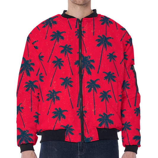 Black Red Palm Tree Pattern Print Zip Sleeve Bomber Jacket