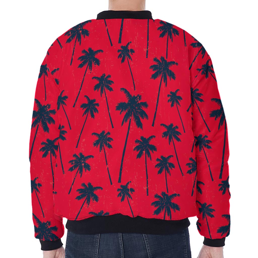 Black Red Palm Tree Pattern Print Zip Sleeve Bomber Jacket