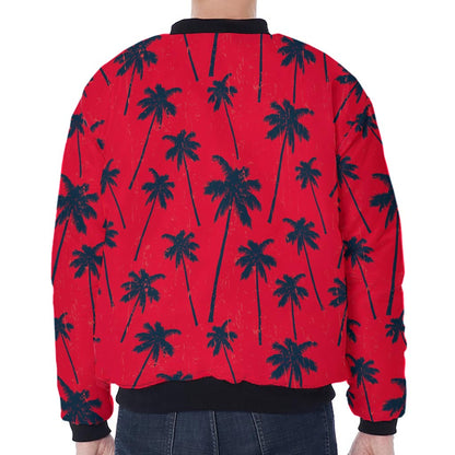 Black Red Palm Tree Pattern Print Zip Sleeve Bomber Jacket