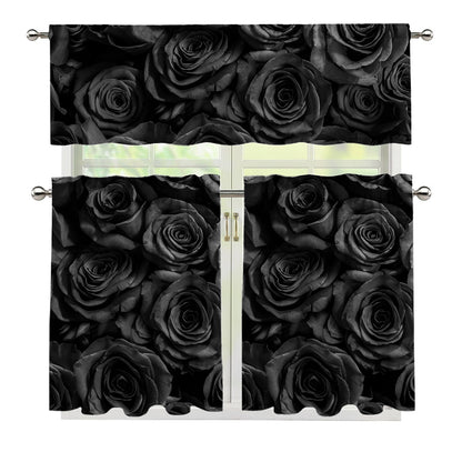 Black Rose Print 3 Piece Kitchen Curtains
