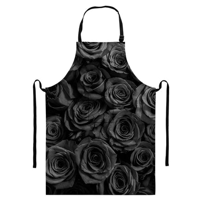 Black Rose Print Bib Apron With Pocket