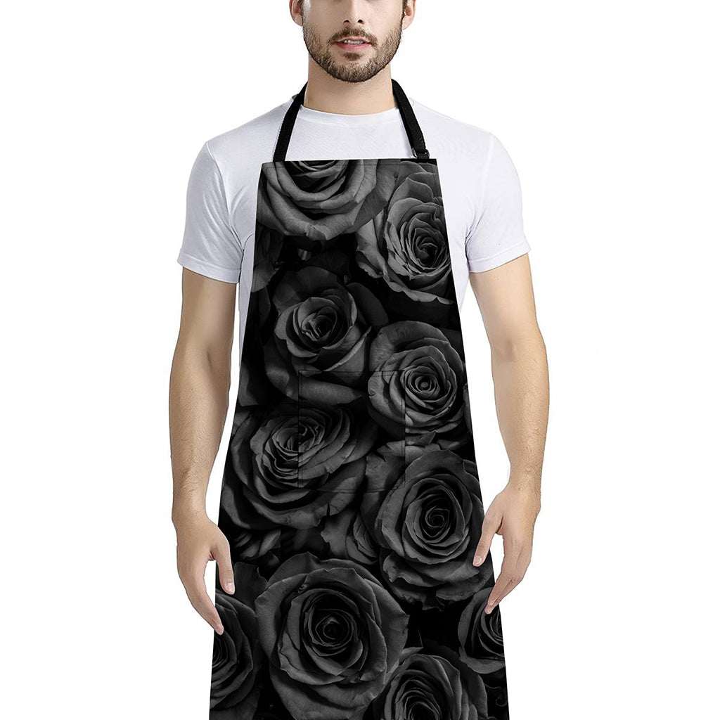 Black Rose Print Bib Apron With Pocket