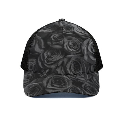 Black Rose Print Black Mesh Trucker Cap