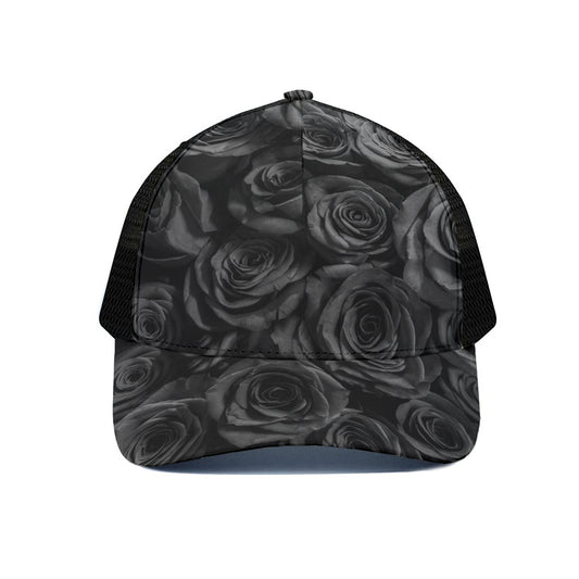 Black Rose Print Black Mesh Trucker Cap