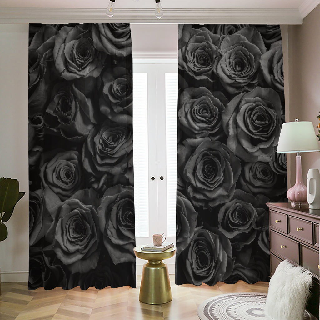 Black Rose Print Blackout Pencil Pleat Curtains