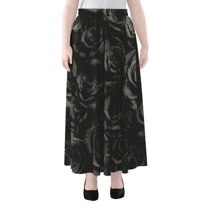 Black Rose Print Chiffon Maxi Skirt