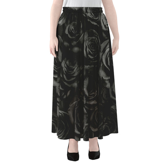 Black Rose Print Chiffon Maxi Skirt