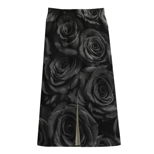 Black Rose Print Cotton Front Slit Maxi Skirt